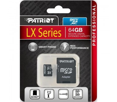 Карта памяти Patriot 64GB microSDXC C10 UHS-I LX + SD
