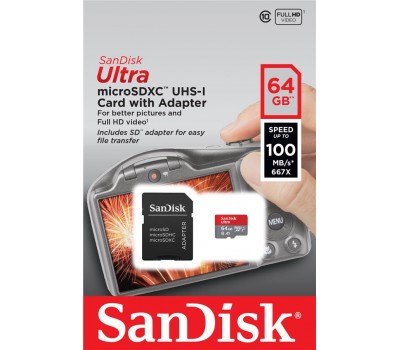 Карта памяти SanDisk 64GB microSDHC C10 UHS-I R100MB/s Ultra + SD