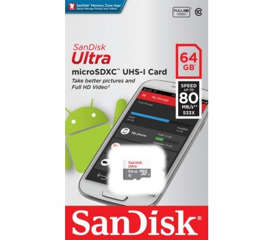 Карта памяти SanDisk 64GB microSDXC C10 UHS-I R80MB/s Ultra