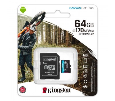 Карта памяти Kingston 64GB microSDXC C10 UHS-I U3 A2 R170/W70MB/s + SD адаптер