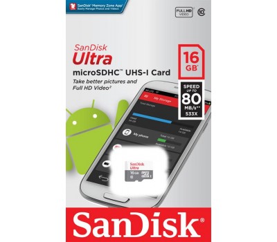 Карта памяти SanDisk 16GB microSDHC C10 UHS-I R80MB/s Ultra