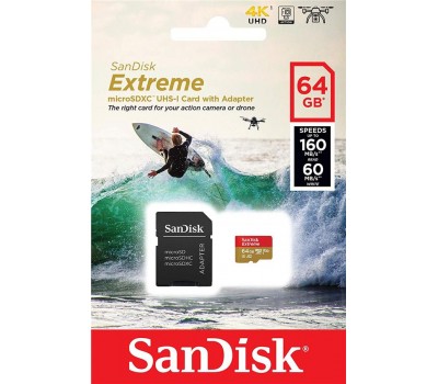 Карта памяти SanDisk 64GB microSDXC C10 UHS-I U3 R160/W60MB/s Extreme V30 + SD