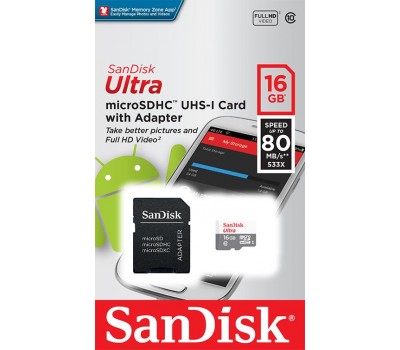 Карта памяти SanDisk 16GB microSDHC C10 UHS-I R80MB/s Ultra + SD
