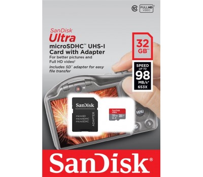 Карта памяти SanDisk 32GB microSDHC C10 UHS-I R100MB/s Ultra + SD