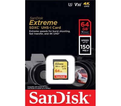 Карта памяти SanDisk 64GB SDXC C10 UHS-I U3 R150/W60MB/s Extreme