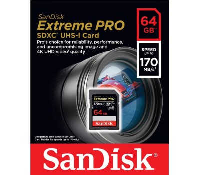 Карта памяти SanDisk 64GB SDXC C10 UHS-I U3 R170/W90MB/s Extreme Pro